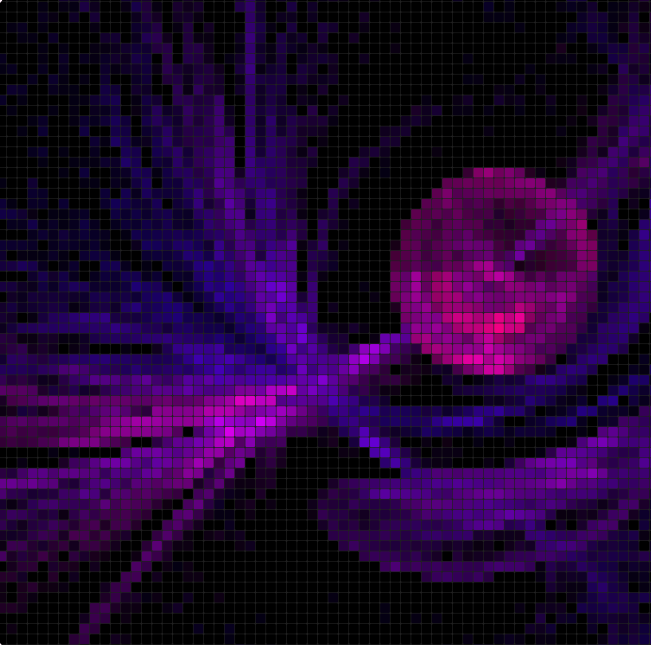 A pixelated digital artwork featuring a glowing pink brain with neural connections branching out against a dark purple and black background.