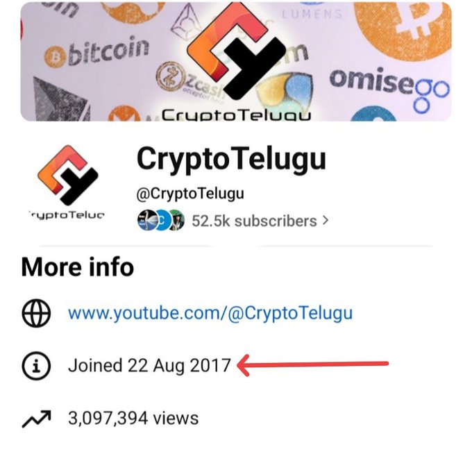 The image shows the YouTube channel profile for **CryptoTelugu (@CryptoTelugu)** with 52.5k subscribers and 3,097,394 views, featuring a red arrow pointing to "Joined 22 Aug 2017" — this date confirms the channel's 9-year anniversary milestone mentioned in the post, marking when the creator began their crypto content journey.