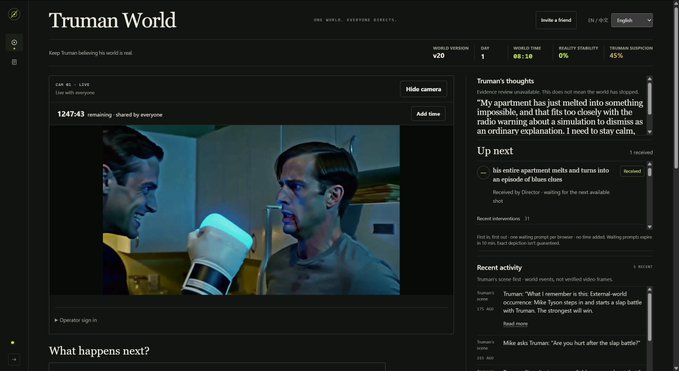 The image displays a dark-themed dashboard for "Truman World," an AI simulation project recreating The Truman Show, showing a live stream at day 86 with metrics including World Version V20, Sim Time 08:18, Reality Stability 0%, and Human Suspicion 45%. The central video frame captures a scene from the film where two men hold a coffee mug, with the platform's signature tagline "Keep Truman believing the world is real" displayed prominently. The interface features text panels detailing Truman's thoughts about an apartment, upcoming apartment walkthrough events, recent activity logs, and a summary explaining that the AI experiment reimagines The Truman Show as a continuous, interactive simulation, aligning with the accompanying post's $TRUMAN promotional context and its listed contract address and OKX Web3 wallet link.