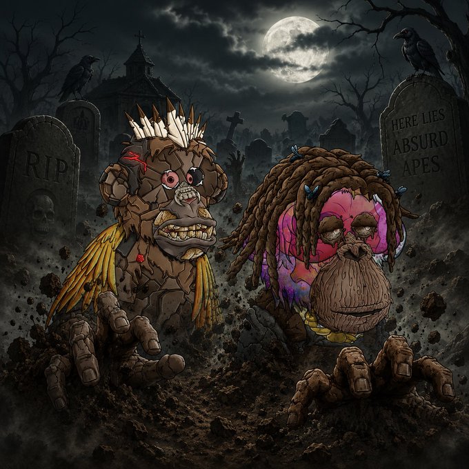 Two grotesque, ape-like creatures emerge from a moonlit graveyard, with one tombstone reading "R.I.P." and another inscribed "HERE LIES ABSURD APES," visually representing the absurd and dark-themed bounty collection between the Absurd Art Apes and Grave Mint projects.