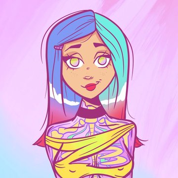 A digital illustration depicts a character with split blue and turquoise hair, yellow eyes, and a yellow scarf wrapped around their shoulders against a soft pastel background.