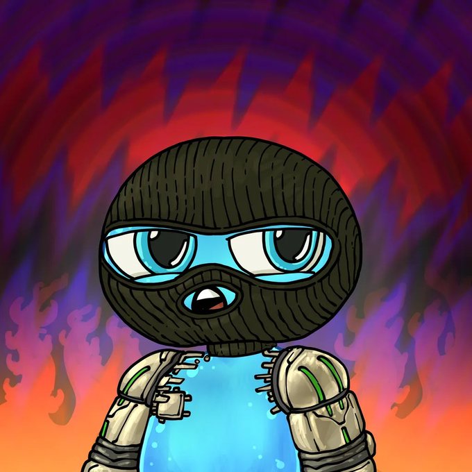 A cartoon-style illustration of a character with a blue head, large eyes, wearing a dark green balaclava and futuristic shoulder armor, set against a fiery red and purple background.