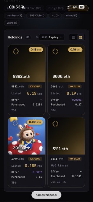 A mobile screenshot of a crypto/NFT collection app called namewhisper.ai displaying holdings of .eth domains (8882.eth, 3666.eth, 3999.eth, 3111.eth) with listed prices in ETH and various tags like '10K CLUB'.