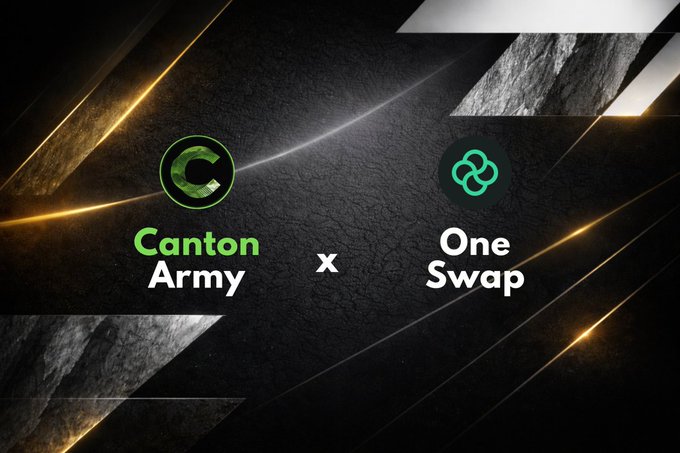 The image displays a promotional graphic featuring the logos of "Canton Army" and "One Swap" side by side with an "x" between them against a sleek black background with gold light accents, symbolizing their partnership. This visually represents the OneSwap wallet launch on the Canton Network, complementing the announcement of a giveaway for 1,200 $CC tokens to celebrate the collaboration.