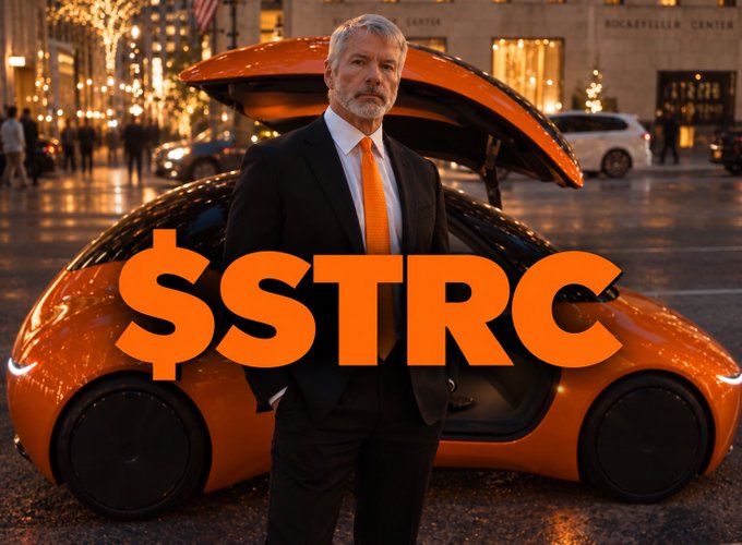 A distinguished gray-bearded man in a dark suit and orange tie stands confidently in front of an orange sports car with its gullwing door open, with the bold "$STRC" ticker overlay prominently displayed—visually symbolizing the MicroStrategy-related preferred stock mentioned in the post about $STRC's recent rise toward $100.