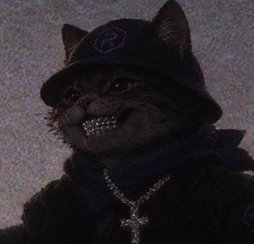 A dark image of a cat wearing a black hat with a logo, a cross necklace, and a wide grin showing its teeth.