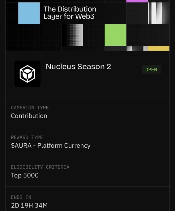 A promotional interface for "The Distribution Layer for Web3" featuring the Nucleus Season 2 campaign, which offers $AURA platform currency rewards to the top 5000 contributors, with 2 days, 19 hours, and 34 minutes remaining—aligning with the post's reminder about the limited time left to participate.