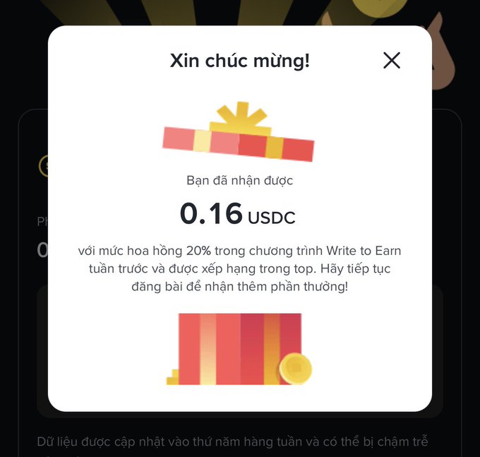 A Vietnamese-language congratulatory popup notification displaying a gift icon and the message 'Bạn đã nhận được 0.16 USDC' with text mentioning a 20% commission in a 'Write to Earn' program.