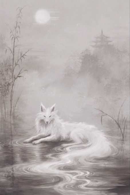A grayscale painting of a white fox-like creature with a long, flowing tail resting in water, with a moonlit pagoda in the misty background.