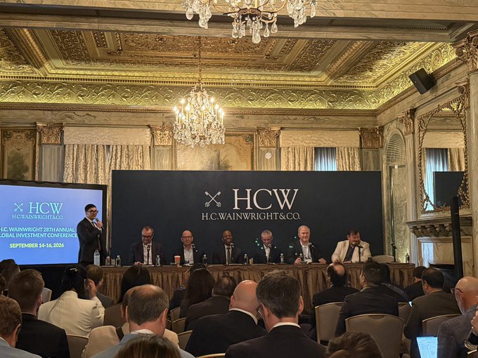A panel discussion at the H.C. Wainwright Global Investment Conference (September 14-16, 2026) titled "Powering the AI Boom & Bitcoin Network: The Digital Infrastructure Companies Leading the Charge," featuring Matt Schultz ($CLSK), Fred Thiel ($MARA), John Belizaire ($SLNH), Joshua Kilgore ($BGDE), and Michael P, as confirmed by the on-screen HCW branding.