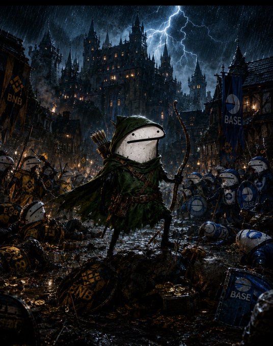 A fantasy artwork depicting an archer character with a helmet standing on a battlefield surrounded by fallen warriors, with castle banners reading 'BNB' and 'BASE' in the background amid stormy weather.
