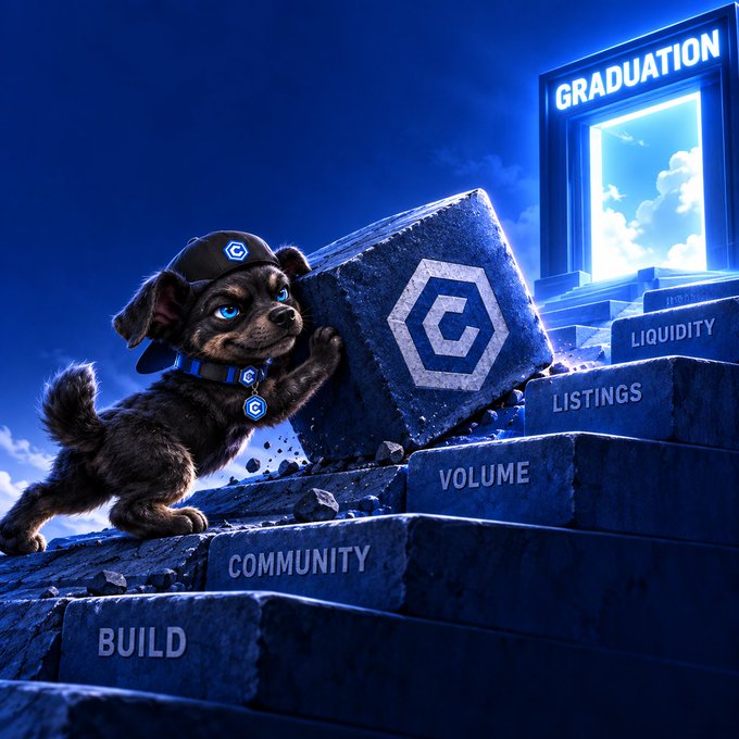 A fantasy-style digital illustration of a small black puppy wearing a 'C' branded cap pushing a large stone block up a staircase, with the steps labeled 'BUILD', 'COMMUNITY', 'VOLUME', 'LISTINGS', and 'LIQUIDITY', leading toward a glowing 'GRADUATION' doorway in the clouds.