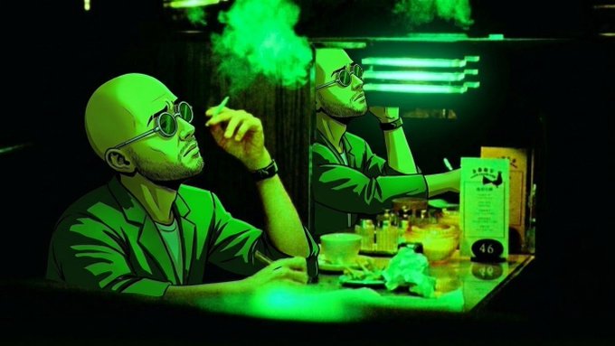 An anime-style illustration of a bald man with sunglasses sitting at a bar counter bathed in green light, holding a cigarette with smoke rising, and a mirror behind him reflecting his image.