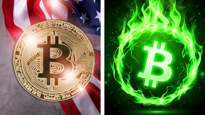 A split image showing a physical Bitcoin coin against an American flag background on the left, and a glowing green Bitcoin symbol surrounded by flames on a black background on the right.