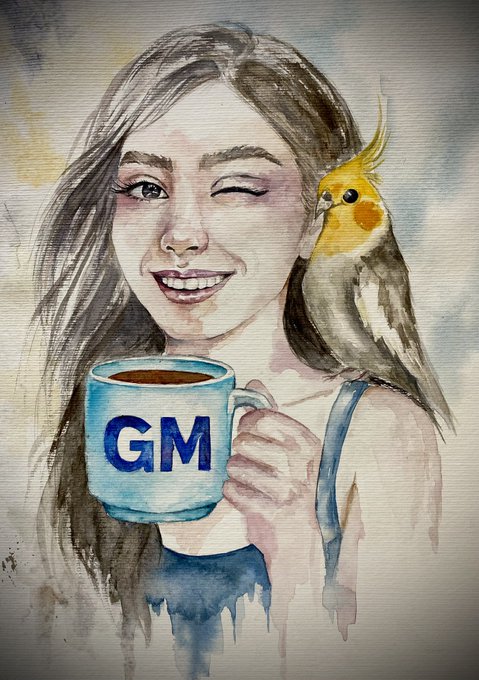 A watercolor-style illustration of a smiling girl with long dark hair, winking, holding a blue mug with the letters "GM" printed on it, with a yellow and grey cockatiel perched on her shoulder.