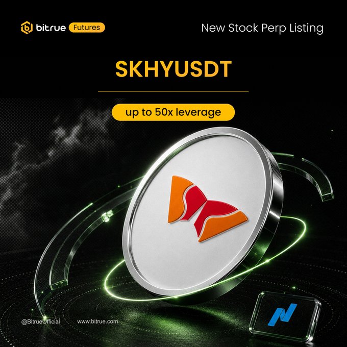 The image is a Bitrue Futures promotional graphic announcing the new SKHYUSDT perpetual listing, featuring a 3D silver coin with an orange/red logo and green light trails on a dark background. It highlights "up to 50x leverage" and directs users to trade at bitrue.com/futures/SKHY, visually reinforcing the post's announcement of the new stock perpetual contract.