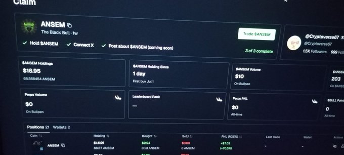 A screenshot of a cryptocurrency trading dashboard for the token $ANSEM on what appears to be the Believe platform, showing holdings of 66,556,454 ANSEM valued at $16.95, with metrics like Perps Volume at $0.