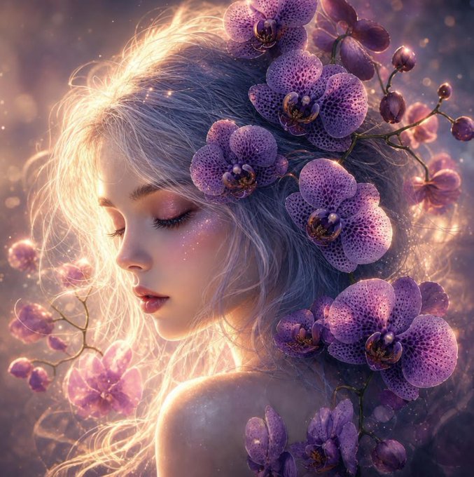 A fantasy-style digital illustration of a serene young woman with closed eyes, surrounded by vibrant purple orchids and a magical, glowing bokeh background.