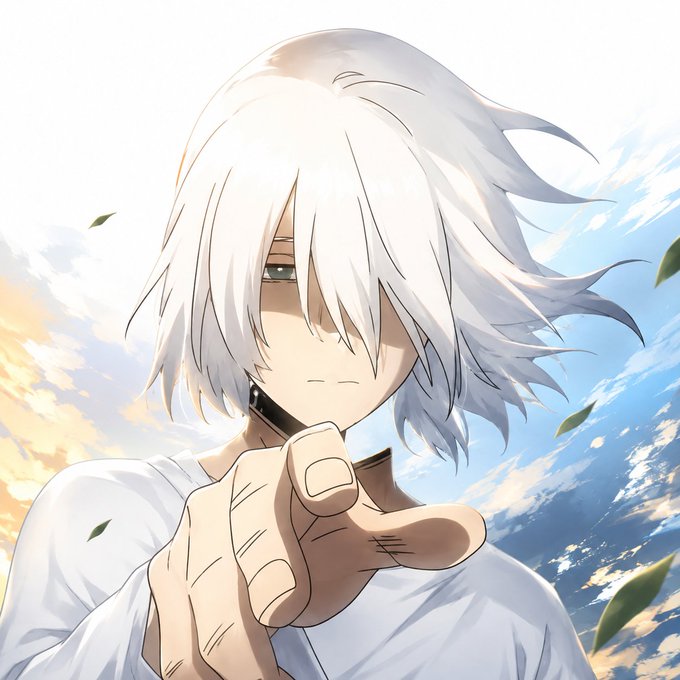 An anime character with shaggy white hair points a finger forward against a sky background with floating leaves.