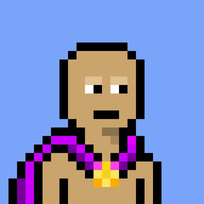Pixel art of a character with a neutral expression wearing a purple scarf and a yellow medal against a blue background.