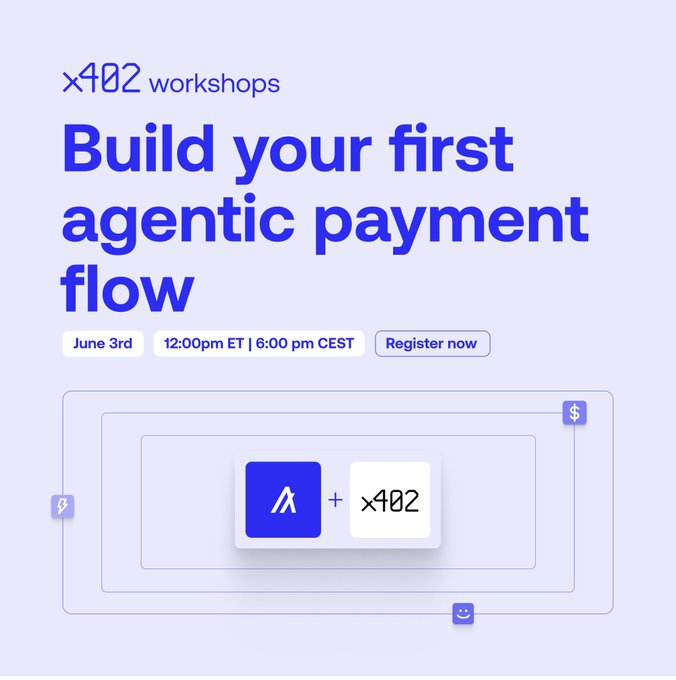 xt82 workshops' first agentic payment flow presentation, featuring a blue header and white text with a graphic of two squares labeled "A" and "X822".