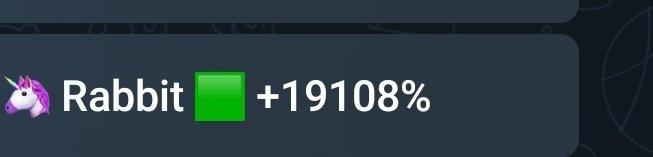 The image shows a Telegram or messaging interface displaying "Rabbit" with a unicorn emoji, a green square, and a +19108% percentage, indicating a massive gain. This visually reinforces the accompanying post celebrating the $RABBIT token's extraordinary price surge on Enclavium.