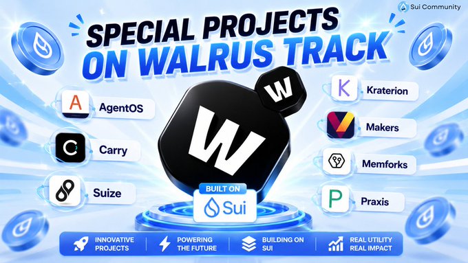 Promotional graphic titled 'SPECIAL PROJECTS ON WALRUS TRACK' listing projects like AgentOS, Kraterion, Carry, Makers, Suize, Memfoks, and Praxis on the Sui network.