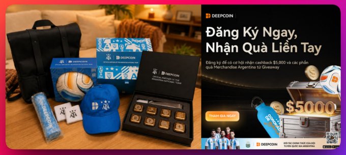 An advertisement for DEEPCON with Vietnamese text 'Đăng Ký Ngay, Nhận Quà Liền Tay' featuring merchandise like a backpack, scarf, soccer ball, hat, and a box of chocolates, with a $5000 cashback promotion and Argentina-themed giveaway.