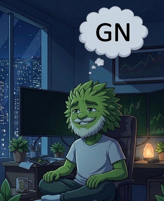 The image features a cartoon character sitting in an office chair, with a computer monitor behind him. A thought bubble above his head displays the word "GN" along with a smiley face. The caption of the image reads "GN $WEED Fam The funniest part of crypto is all of us logging off... then checking charts one last time". This post seems to be related to cryptocurrency, as it humorously references the funny aspect of crypto trading and the use of the word "gn" in a playful manner.