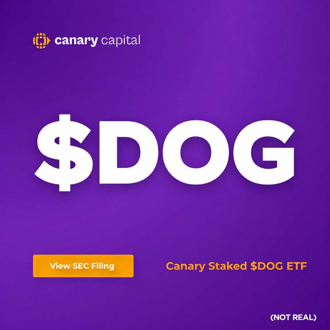 A purple promotional graphic for Canary Capital's Staked $DOG ETF with a 'View SEC Filing' button, marked as '(NOT REAL)' in the bottom corner.