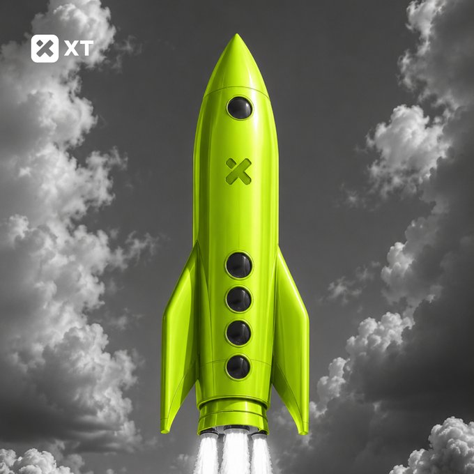 A promotional image featuring a bright green rocket ship blasting off against a dramatic cloudy sky, branded with the "XT" logo in the upper left corner.