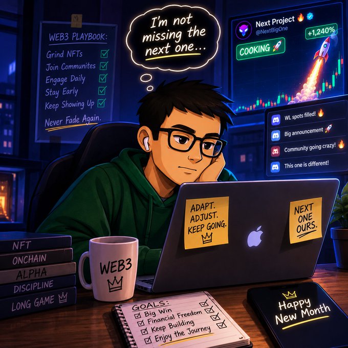 A digital illustration depicts a man with glasses looking intently at a laptop displaying charts and a rocket, accompanied by sticky notes reading 'ADAPT. ADJUST. KEEP GOING.' and 'NEXT ONE OURS,' with a thought bubble saying 'I'm not missing the next one...'
