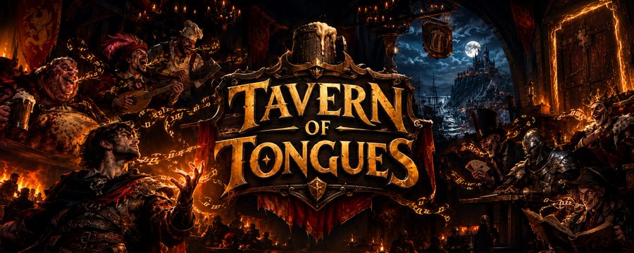 A fantasy-themed game banner for 'Tavern of Tongues' showing various fantasy characters including knights and bards in a dimly lit tavern setting.