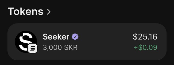 A token listing showing 'Seeker' (SKR) trading at $25.16 with a gain of +$0.09, with 3,000 SKR displayed.