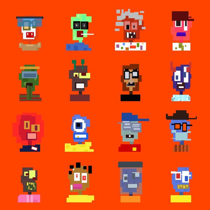 A grid of 16 pixel art character portraits with various colorful and quirky designs displayed against a bright orange background.