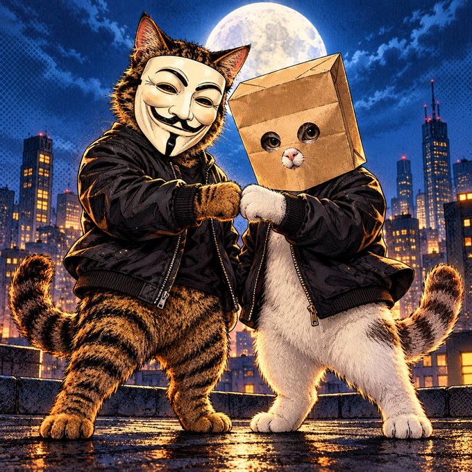 Two anthropomorphic cats wearing leather jackets stand on a rooftop at night, one wearing a Guy Fawkes mask and the other a paper bag, with a full moon and city skyline behind them.