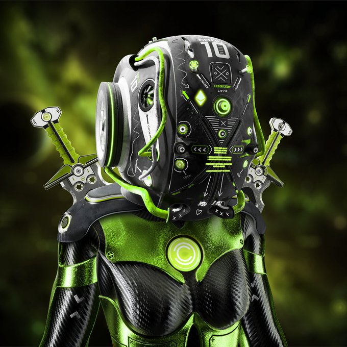 A 3D rendering of a futuristic, armored figure wearing a high-tech helmet and suit with glowing green accents and carrying two weapons on its back.
