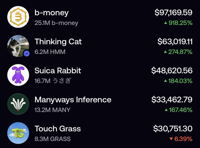 The image displays a cryptocurrency tracking dashboard listing five tokens: b-money ($97,169.59, ▲918.25%), Thinking Cat/HMM ($63,019.11, ▲274.87%), Suica Rabbit/うさぎ ($48,620.56, ▲184.03%), Manyways Inference/MANY ($33,462.79, ▲167.46%), and Touch Grass/GRASS ($30,751.30, ▼6.39%). This aligns with the post's message of disregarding short-term price volatility and focusing on long-term potential, with the user dismissing market fluctuations in favor of "degen-ing" on other projects while holding these meme coins untouched.