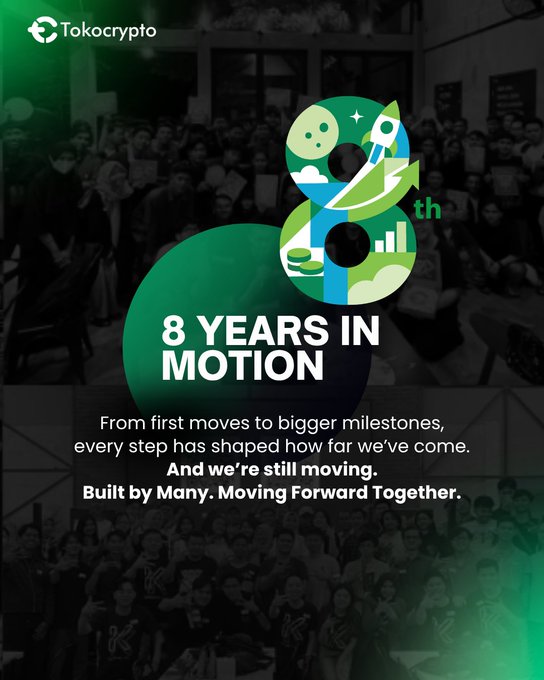Tokocrypto 8th anniversary graphic reading "8 YEARS IN MOTION" with the tagline "Built by Many. Moving Forward Together," over a background photo of a group of people.