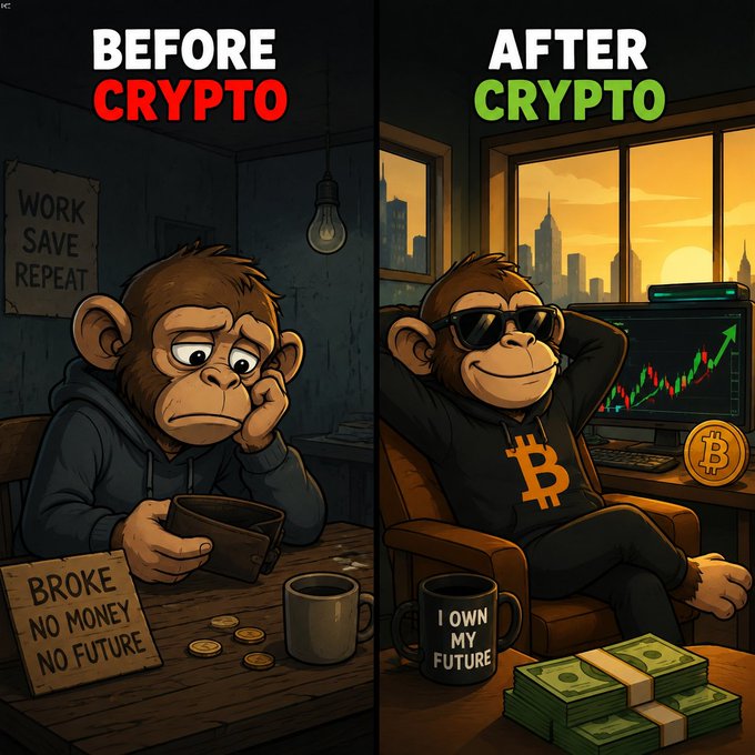 A 'Before Crypto' vs 'After Crypto' cartoon showing a sad monkey in a dark room with signs reading 'WORK SAVE REPEAT' and 'BROKE NO MONEY NO FUTURE', contrasted with a cool monkey wearing sunglasses and a Bitcoin hoodie next to rising charts and stacks of cash.