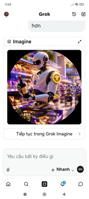 A smartphone screenshot of the Grok app displaying an AI-generated image of a robot in a supermarket, with the Vietnamese prompt "hơn" in the search bar and "Yêu cầu bất kỳ điều gì" in the input field.