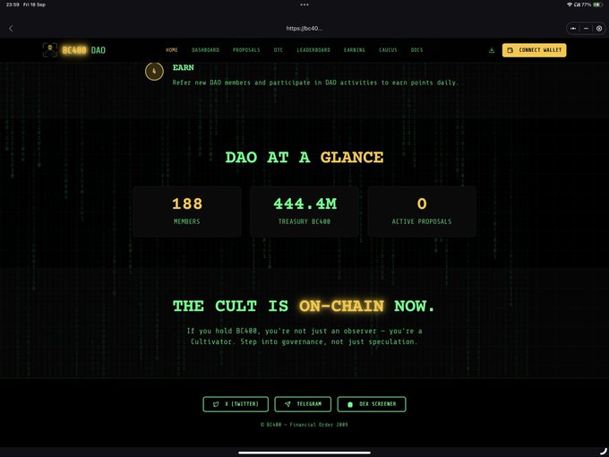 A screenshot of the BC400 DAO website displaying 'DAO AT A GLANCE' statistics: 188 members, 444.4M treasury, and 0 active proposals, with the tagline 'THE CULT IS ON-CHAIN NOW.'