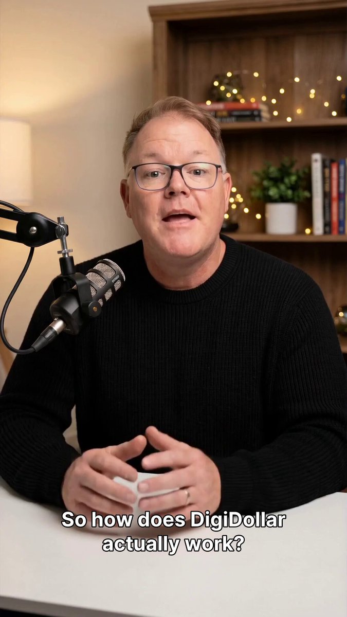 The image shows a man wearing glasses sitting at a table with a microphone, suggesting that he might be hosting or participating in an interview or podcast discussion about digital currency. The caption reads "So how does DigiDollar actually work?" which indicates that the main topic of conversation is likely related to the functioning and implications of digital money.