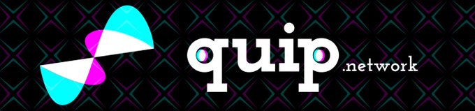 The image displays the Quip Network logo, featuring a stylized atom-like icon in cyan, magenta, and white, alongside the text "quip.network" on a dark geometric-patterned background. It serves as branding for the post, which promotes Quip Network as a solution for post-quantum security and quantum computing infrastructure in the crypto space.