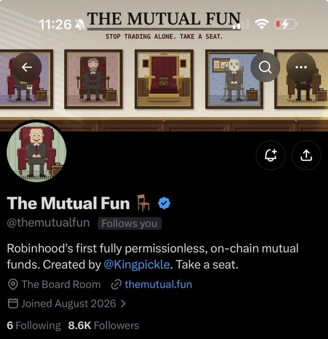 The image shows the X (Twitter) profile page for "The Mutual Fun" (@themutualfun), displaying their pixel-art themed header reading "THE MUTUAL FUN - STOP TRADING ALONE. TAKE A SEAT." along with their bio describing it as "Robinhood's first fully permissionless, on-chain mutual funds" created by @Kingpickle. The profile currently shows 8.6K followers, fitting with the post's caption asking "Who's here before 10K?"