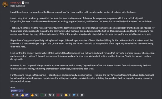 A screenshot of a Discord message from user 'const [t, t_1]' discussing the conclusion of the 'Quasar' team situation and community trust.