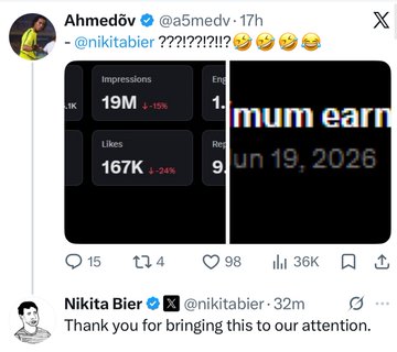 The image features a social media platform where two posts are present. One of them is from a user named "Nikita Bier", sharing an image along with text that reads, "Another one bites the dust". The other post appears to be from someone else who wrote, "@Ammedov" and "@Nikita_Bier" in their tweets, along with an amusing caption that includes a question mark.