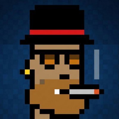 A pixel art character with dark skin, a black hat with a red band, a gold earring, and a cigarette in his mouth is displayed against a dark blue background.