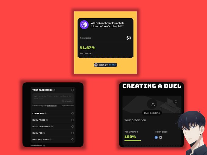 A promotional graphic showing three mobile app interface mockups for a prediction market platform, featuring a poll asking 'Will "inkonchain" launch its token before October 1st?' with 41.67% Yes Chance at a $1 ticket price, alongside an anime-style character.