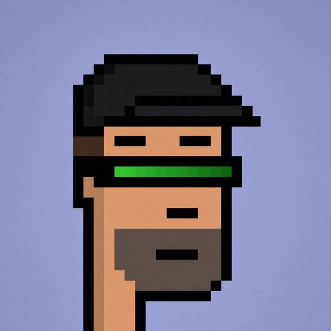 A pixel art image of a face with a black head covering and a green bar over the eyes.